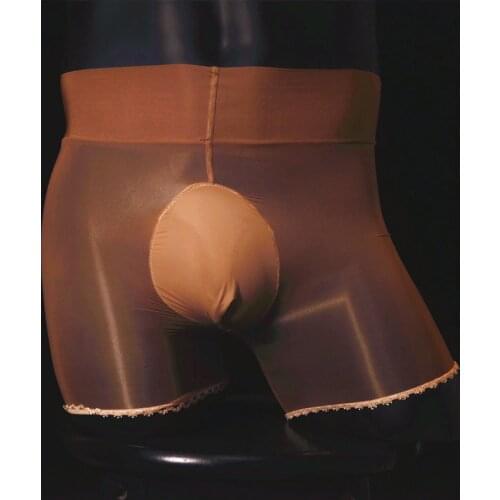 Men Panties High Waist Boxer Lace Oil Shiny Glossy Sissy Panties Sheer Homme Sexy Cock Ring Panties See Through Gay Wear Boxer