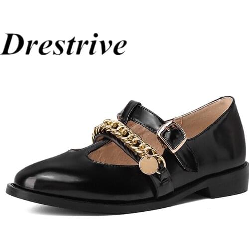 Drestrive Cow Leather Black Women Pumps Chain Round Toe Low Heel Buckle 2021 Spring New Arrival School Shoes Girls