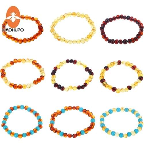 HAOHUPO 16 Styles Natural Amber Bracelets for Baby Adult Elastic Jewelry Gifts Baltic Amber Beads Women Stretch Bijoux Pulsera