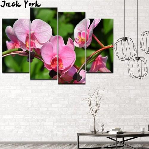 Canvas Painting Blooming pink orchid 4 Pieces Wall Art Painting Modular Wallpapers Poster Print Home Decor free shipping