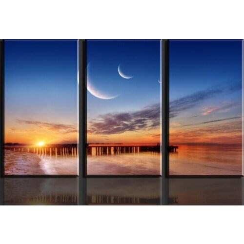 Sunrise,beach,bridge and moon 3 Panel picture Canvas print painting Wall art Home decoration,No Frame