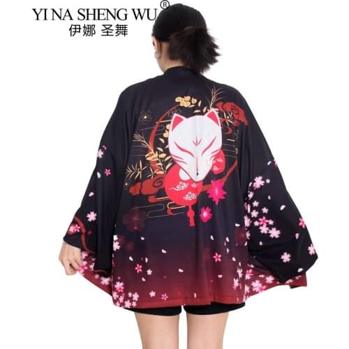 Yukata Women Kimono Cardigan Japan Kimonos Asia Clothes Summer Fox Print Shirt Top Casual Kimonos Kawaii Kimono Cosplay Costume