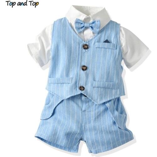 Top and Top Summer Fashion Toddler Boy Gentleman Clothing Set Short Sleeve Bowtie Shirt+Vest+Shorts Baby 3Pcs Outfit Set
