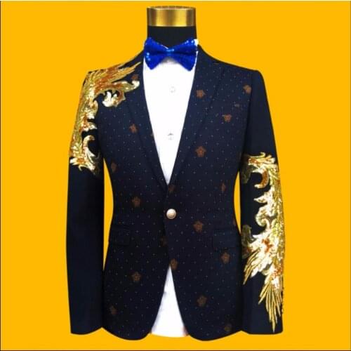 M-3xl Suits Men Slim Fashion Personality Wool Paillette Blue Formal Dress Suit Printing Blazers Coat Singer Stage Costumes
