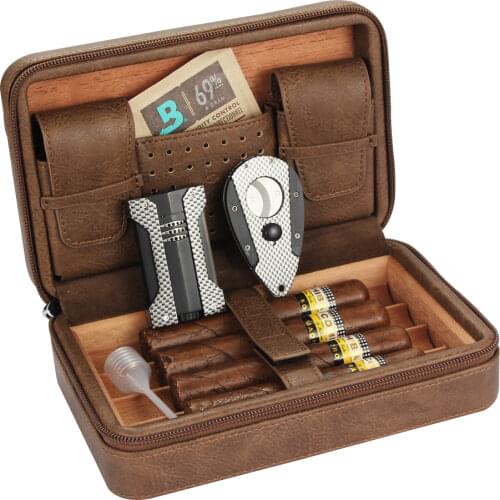 GALINER Leather Humidor Cigar Case W/ Humidity Metal Cigar Lighter Cutter Set Cedar Wood 4 Tube Cigar Humidor Box