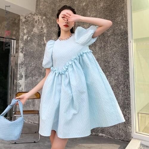 LANMREM 2021 New Summer Blue Puff Sleeve Round Neck Dress Women Short Dresses Ladies Sweet Party Streetwear Clothes 2D1555