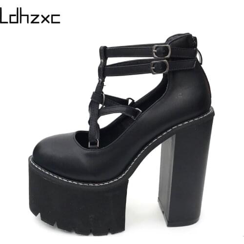 LDHZXC 2020 Fashion Women Pumps High Heels Zipper Rubber Sole Black Platform Shoes Spring Autumn Leather Shoes Female Promotion