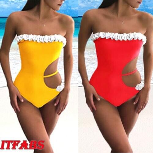 Summer Women Sexy One-Piece Ruffles Monokini Swimsuit Ladies Solid Color Push Up Padded Bathing Bikini Beachwear Swimwear