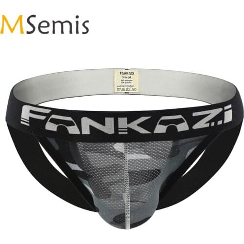 Mens Camouflage Print Low Rise Letters Print Underwear Wide Elastic Waistband Bulge Pouch Open Butt Jockstrap Thong Briefs