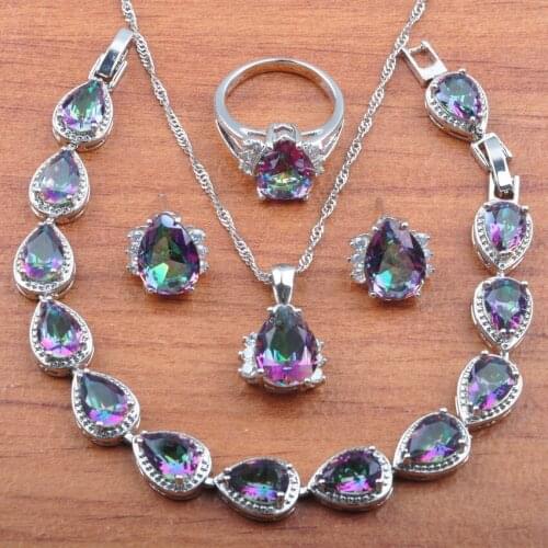 Natural Australian Crystal Silver Color Dubai Gold Jewelry Set For Women Rainbow Wedding Jewelry Best Gift JS0259