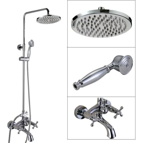 New Chrome Wall Mounted 8" Rain Shower Faucet Set Double Corss Handles Tub Mixer Tap + Hand-Held Shower Head acy354