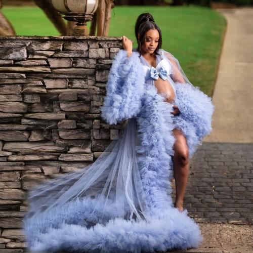 Dreamlike Tulle Fluffy Ruffles Long Maternity Women Dresses See Thru Sky Blue Tiered Mash Robe To Photo-shoot Custom Made