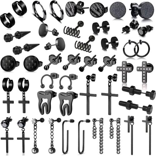 1Pair Earrings for Men Black Stud Earrings Mens Earrings Set Stainless Steel Stud Earrings Hoop CZ Earrings Piercing Jewelry