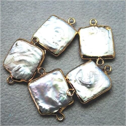 3pcs Natural white pearl cultured freshwater pearl connectors metal connectors biwa shape square shape wholesale pearls beads