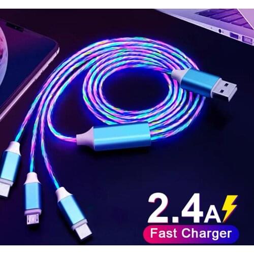 LED Glowing Charger Cable 3 in 1 Micro USB Type C Charging Wire Portable Cell Phone Charge Cord For iPhone 12 11 Xiaomi 11 Redmi