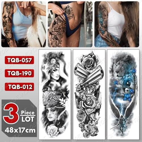 3 pcs/lot Large Arm Sleeve Tattoo Gun Rose Lion Waterproof Temporary Tatto Sticker Skull Body Art Full Fake Tatoo Women Men