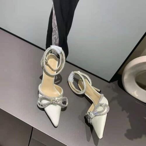 Woman Shoes Double Crystal Bow Heels Pumps Satin Wedding Party Bride Bridesmaid Celebrity Pumps