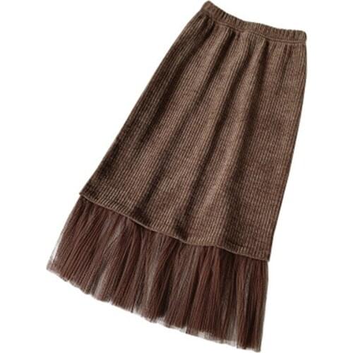 Vintage Patchwork Mesh Woman Corduroy Skirt 2020 Korean Casual High Waist Back Split Stright Thicken Warm Jupe Female Xx115