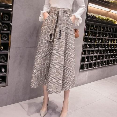 Female Skirt 2018 Autumn And Winter With A Large Swing In The Long Skirt Plaid Woolen Skirt Women