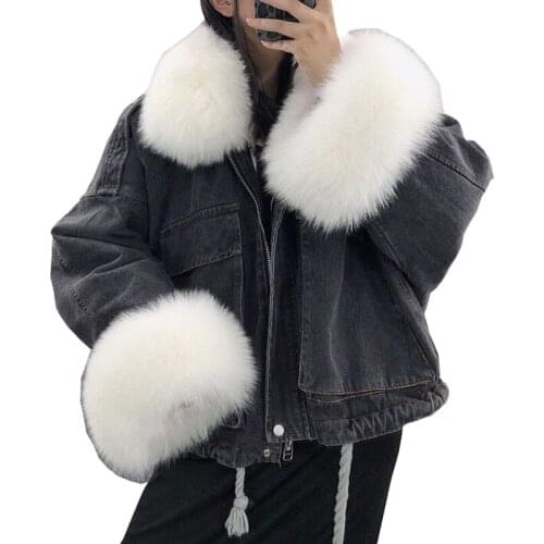 Women Winter Denim Jacket 2021 New Elegant Loose Lady Top Fleece Warm Denim Coat Female Fashion Fur Collar Slim Jackets OK1098