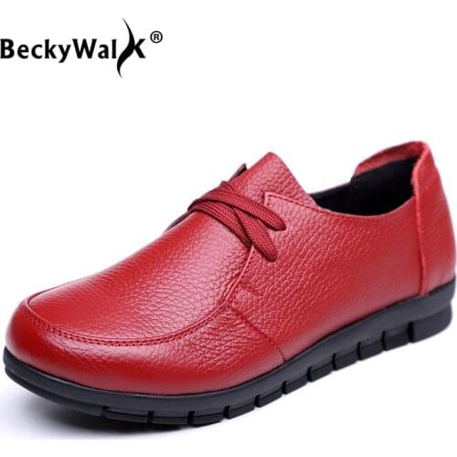 BeckyWalk Plus Size 35-43 Autumn Women Shoes Genuine Leather Flats Shoes Woman Lace-Up Moccasins Comfortable Mother Shoe WSH2949