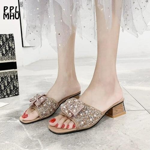 Pink Rhinestone Pearl Square Head Women Slippers Sexy Peep Toe Non-Slip Shallow Sandals Retro Fashion Butterfly-knot Slides