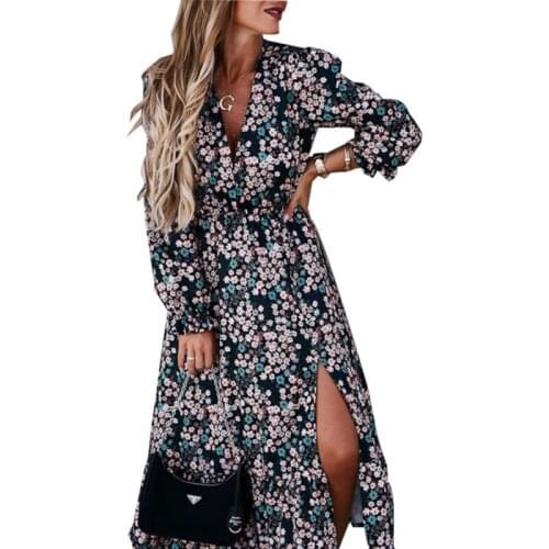 Elegant V-neck Fashion Floral Print Slit Hem Autumn Long Sleeve Women Long Dress Bohemian Beach Botton Sexy Ladies Maxi Dresses