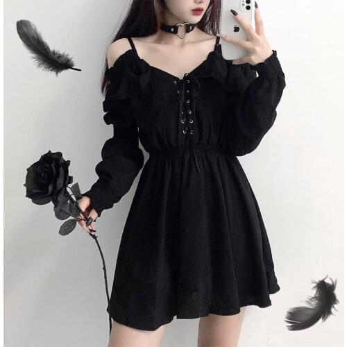 2021 Summer Women Dress Goth Demon Girl Original Black Spring Autumn Sexy High Waist Femme Shoulder Long Sleeve Gothic Dress