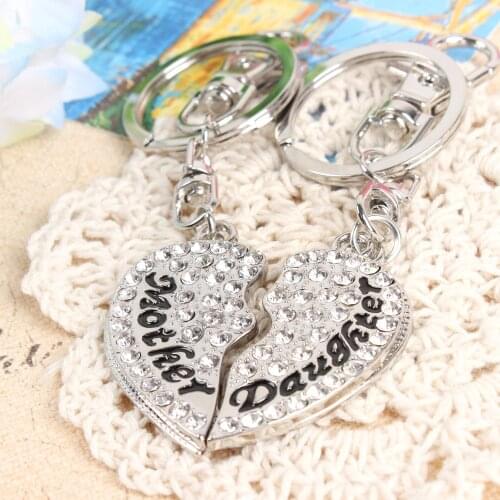 2 PCS Mother & Daughter Love Heart Crystal Silver Charm Pendant Purse Bag Car Key Ring Chain Creative Fashion Gift