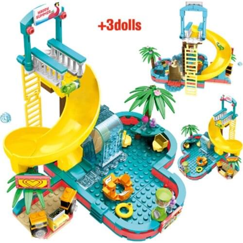 257Pcs Small Water Park Building Blocks Heart-shaped Swimming Pool Rotating Slide Sing Girls Friends Pool Party DIY Toys For Kid
