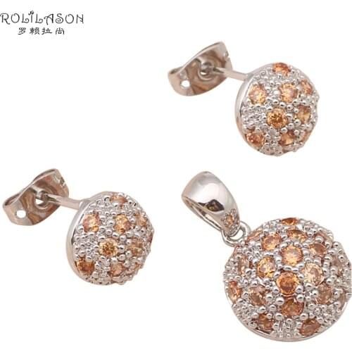 AAA Champagne Zirconia Stamped stamped silver stamp Fashion Jewelry Set Necklace Pendants Earrings Pave Setting Round Set MS020