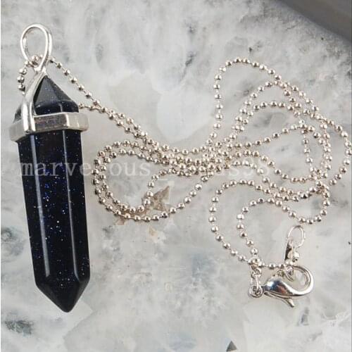 Free shipping Fashion Jewelry 1pcs Blue Sand Stone Hexagonal Pointed Reiki Chakra Pendant Necklace MC3164