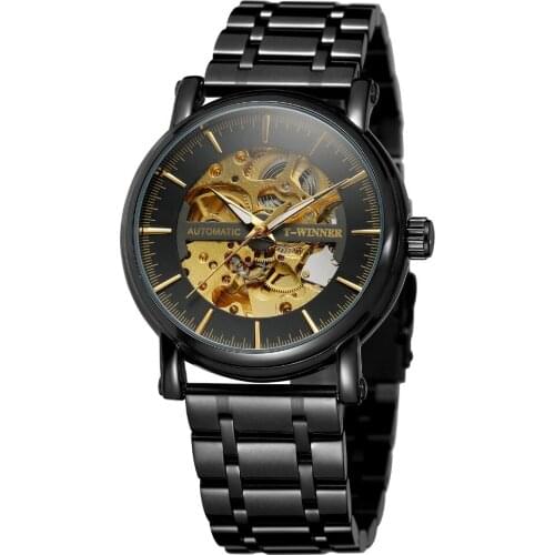 Transparent Winner Top Brand Steampunk Montre Homme Black Retro Casual Mens Watches Luxury Full Steel Skeleton Mechanical Watch
