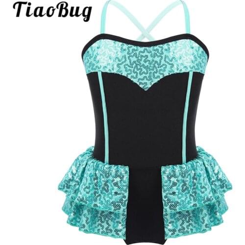 TiaoBug Kids Girls Spaghetti Straps Sequins Gymnastics Leotard Ballet Dress Modern Jazz Latin Stage Performance Dance Costume