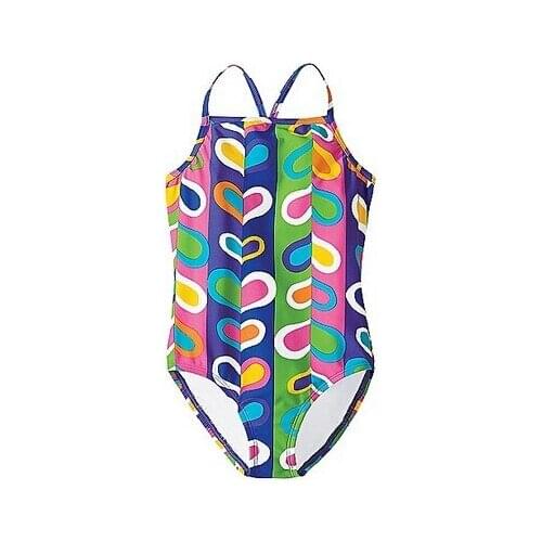 Girls 1 Piece Swimwear with Hearts Pattern 140-150cm Children Sling Swimsuit Schoolgirl Swimming Pool Suit Teen Water Sport Suit