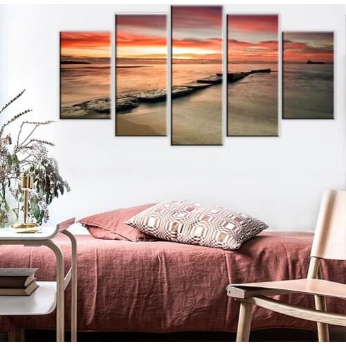 Home Decor Canvas Prints Sunrise Black Ocean Painting Posters Wall Art Modular 5 Pieces Pictures For Bedside Background Frame