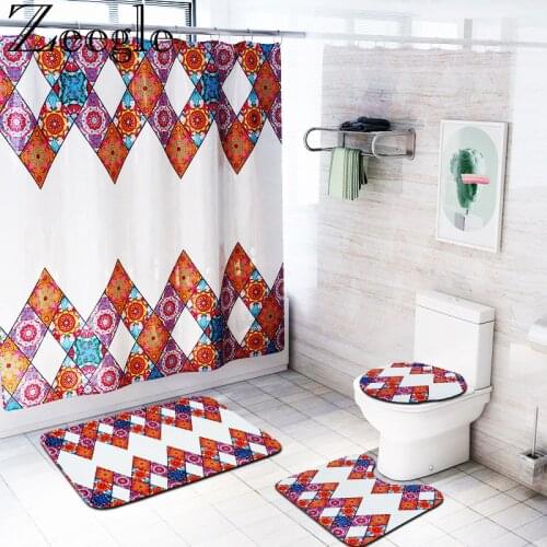 Geometric Bath Mat Toilet Polyester Waterproof Shower Curtain Toilet Cover Mat Bathroom Carpet Bath Mat and Shower Curtain Set
