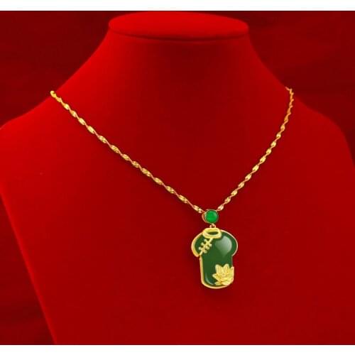 KOREAN 24K GOLD CHAIN NECKLACE PENDANT FOR WOMEN GEMSTONE JEWELRY CHALCEDONY CLOTHES GREEN JADE STONE CLAVICLE NECKLACE GIFTS