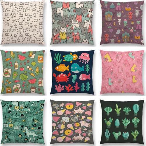 Cute Cats Family Lovely Kitty Cactuses Succulents Sea Fish Unicorn Dinosaur Happy Halloween Cushion Cover Sofa Throw Pillow Case