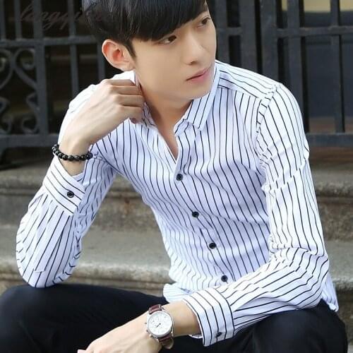Spring mens new fashion stripes trend leisure lattice long sleeves Slim shirt (multi-color optional)TB722