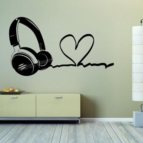 Music Love Heart Sound EDM Headphones DJ Club Wall Sticker Vinyl Music Headset Wall Decal for Home Use Art Decor Mural B522