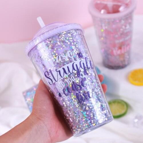 Plastic Portable Hand-held Double Straw Cup Double Layer Student Water Cup LBShipping