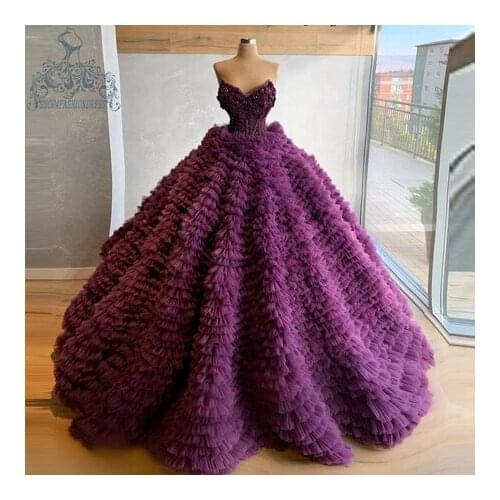 Real Image Purple Puffy Tiered Tutu Ruffles Wedding Dresses Flower Appliques Beaded Bridal Gowns Tulle Ball Gowns Robe de mariée