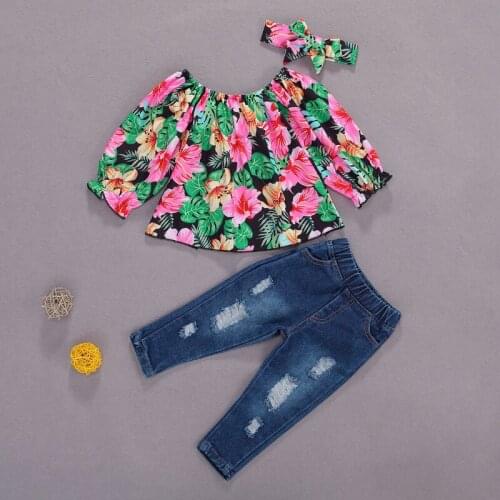 Spring Autumn Toddler Girl Clothe Outfit Baby Girl Floral Long Sleeve Tops Jeans Headbands Kids Sets