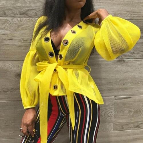 Womens Blouse V-neck Lantern Sleeve Hollow Out Elegant Shirts Ladies Tops Sexy Mesh See-through Plus Size Female Blusas Mujer