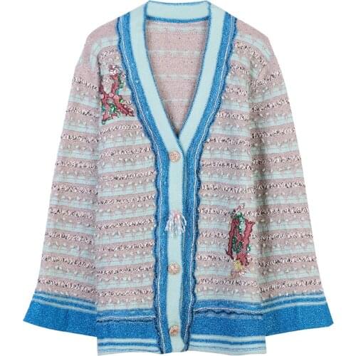 Vintage Christmas Ladies Long Sleeve V-Neck Striped Sweater Sequin Knit V-Neck Long Sleeve Tassles Women Cardigan Jacket 2020