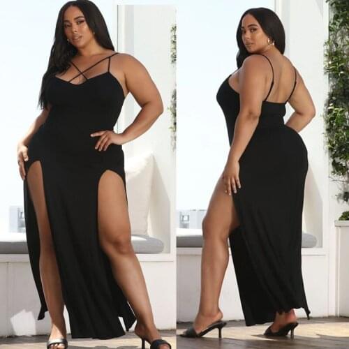 Plus Size Womens 2021 Summer New Product Sexy Sling Cross Slit Dress Spaghetti Strap Solid Sleeveless Empire Black Dresses