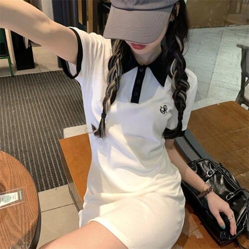 Dress Temperament Polo Collar Short Sleeve Dress Female Summer New Style Skirt High Waist Thin A-line Skirt Short Skirt