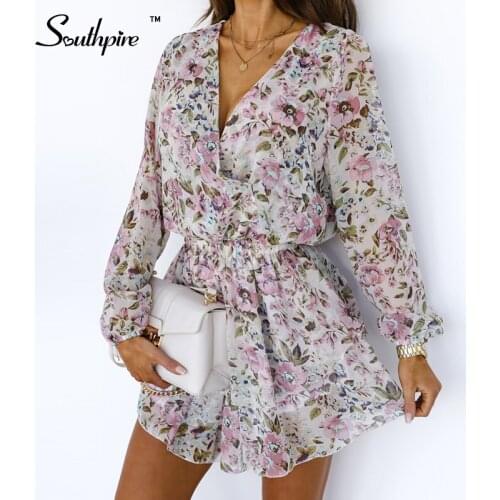 Southpire Autumn Winter Floral Print Dress For Womens 2021 Long Sleeve Chiffon V-Neck Casual Dress Female Party Vestidos 2021