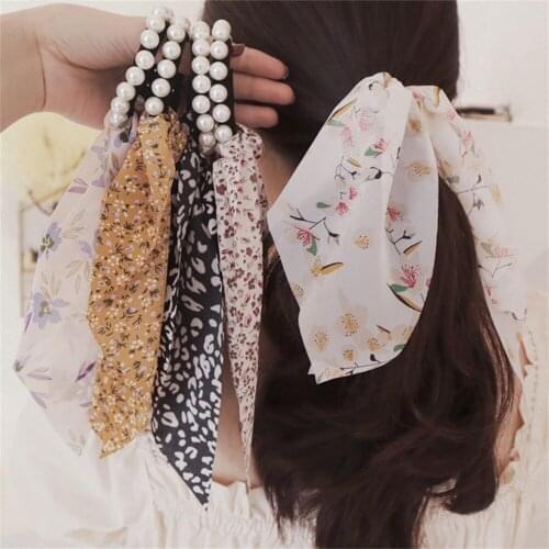 1pcs Knotted Pearl Hair Band Bow Ribbon Hair Scrunchies Elegant Hairband Korean Ponytail Hair Tie Women Girls Hair Accessories